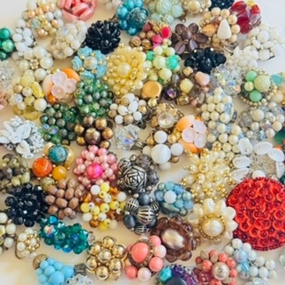 Lot of 70 + VTG Single Cluster Earrings Beaded Clip Colorful Costume Craft As Is